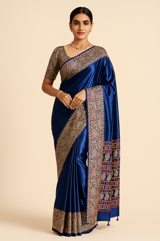 Dark Blue Readymade Crepe Ajrakh Silk Saree