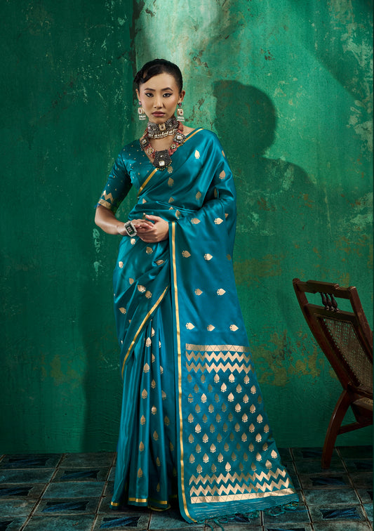 Blue Satin Silk Ready To Wear/Easy Saree