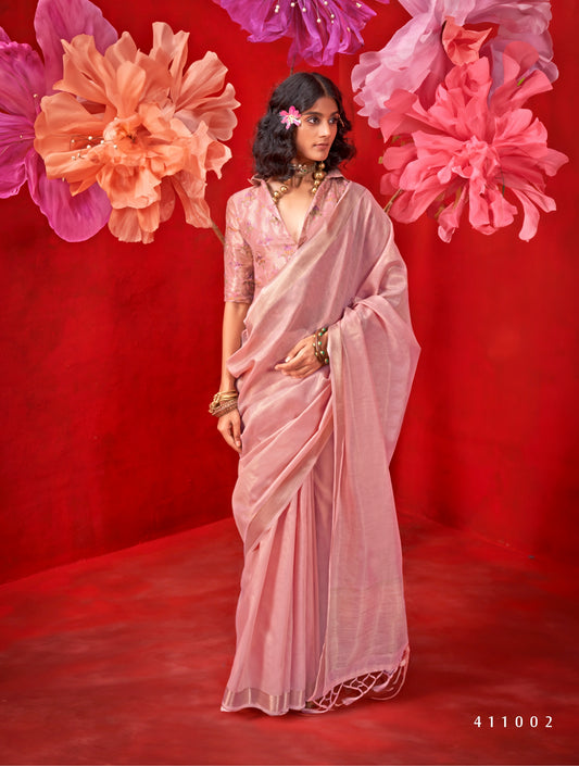 Peach Color Silk Readymade/Easy Saree With Fancy Unstitched Blouse