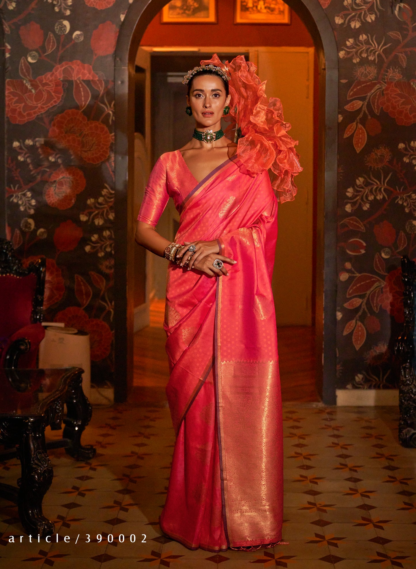 Peach Kanjivaram Silk Readymade/Easy Saree