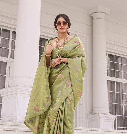 Pistachio Green Banarasi Silk Readymade/Easy Saree