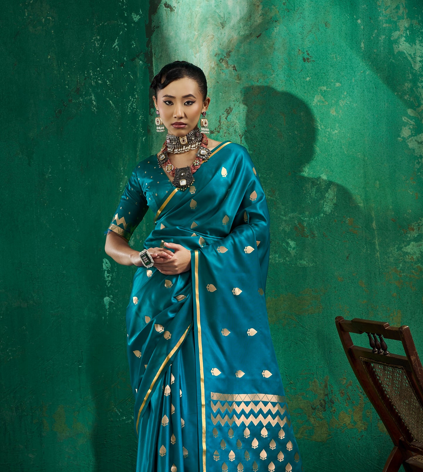 Blue Satin Silk Ready To Wear/Easy Saree