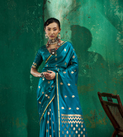Blue Satin Silk Ready To Wear/Easy Saree
