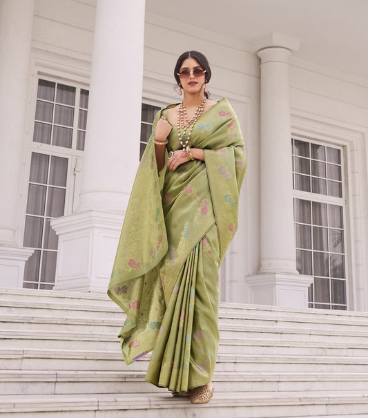 Pistachio Green Banarasi Silk Readymade/Easy Saree