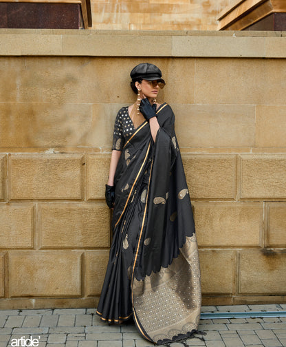 Black Satin Silk Readymade Saree