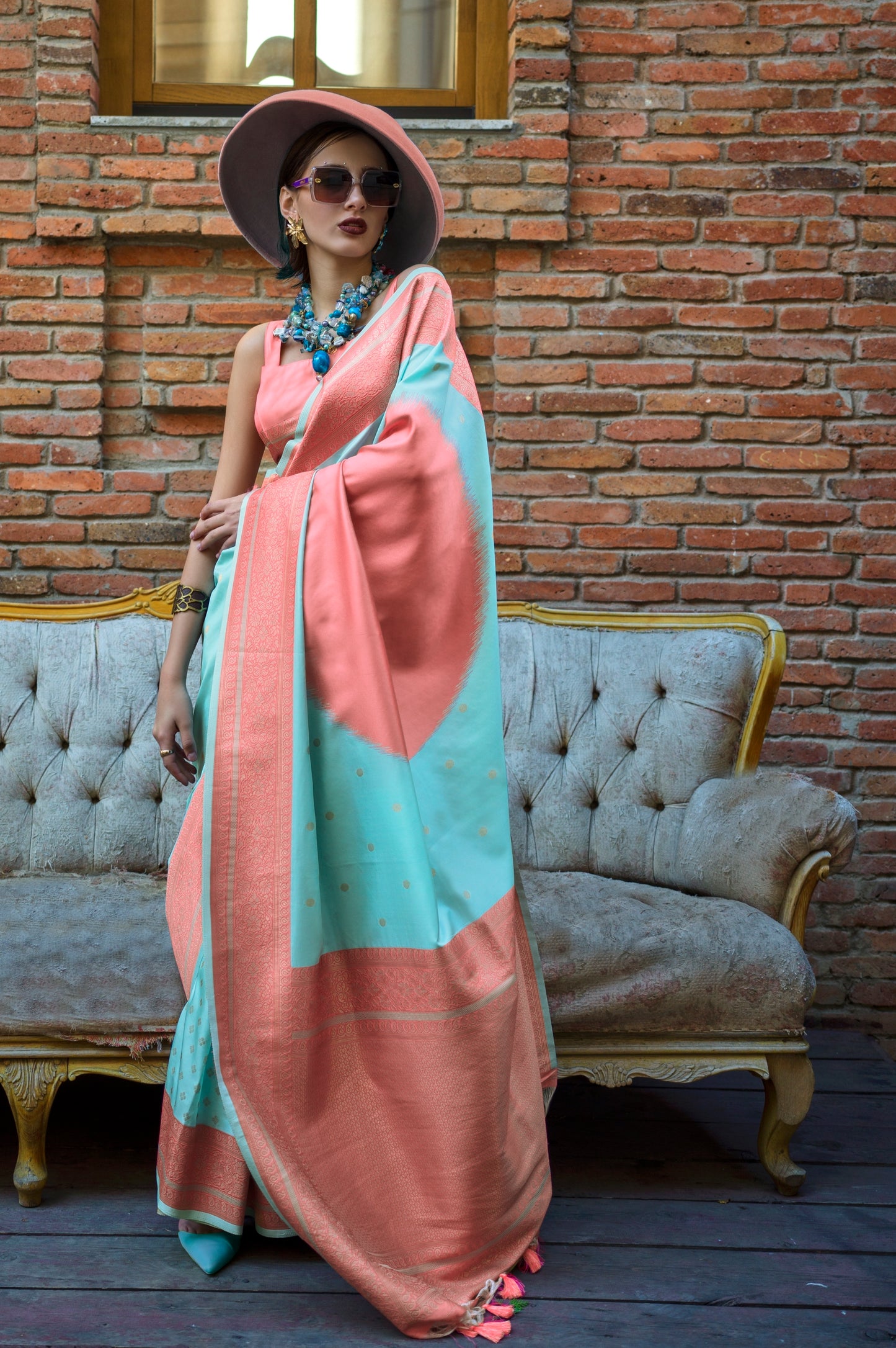 Blue & Peach Color Banarasi Silk Readymade/Easy Fancy Saree