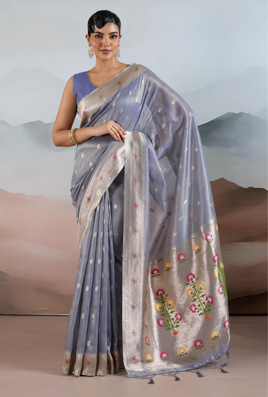 Steel Blue Paithani Tissue Readymade/Easy Saree
