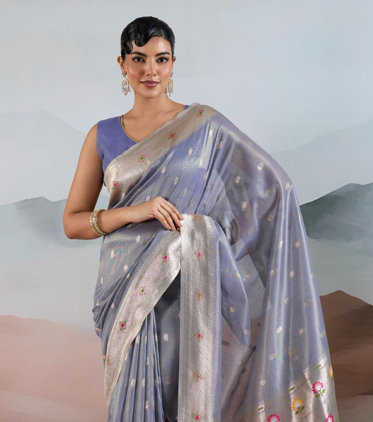 Steel Blue Paithani Tissue Readymade/Easy Saree