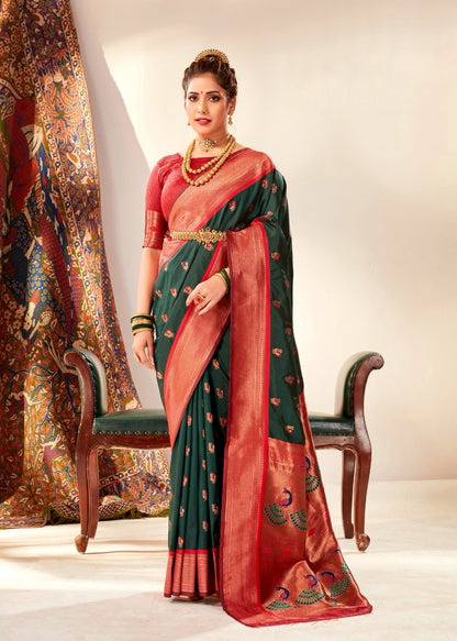 Bottle Green Paithani Silk Readymade Saree With Customised Stitched Blouse