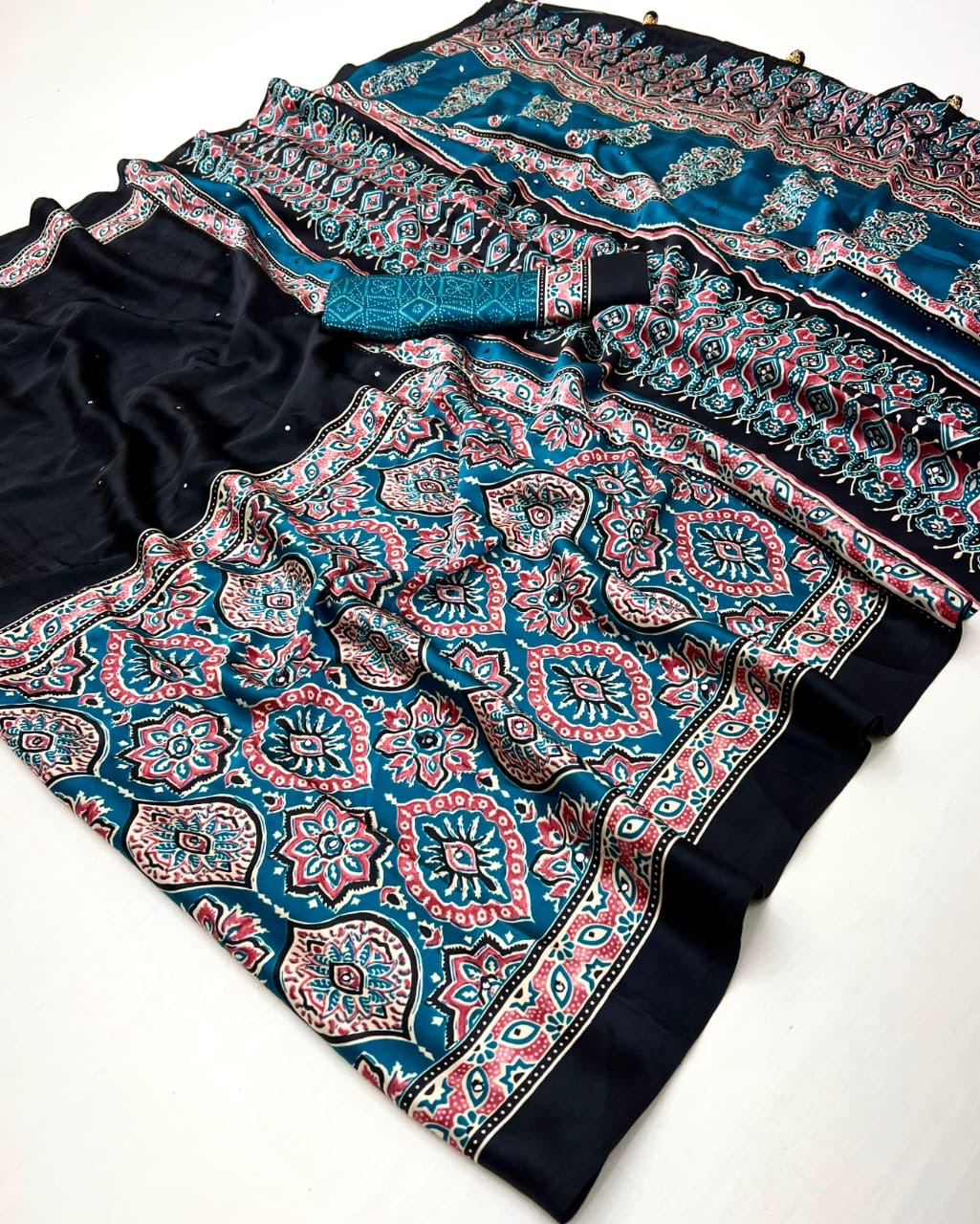 Black & Turquoise Crepe Silk Ready To Wear/Easy Saree - Panaash Saree