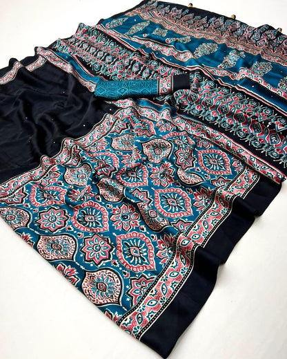 Black & Turquoise Crepe Silk Ready To Wear/Easy Saree - Panaash Saree