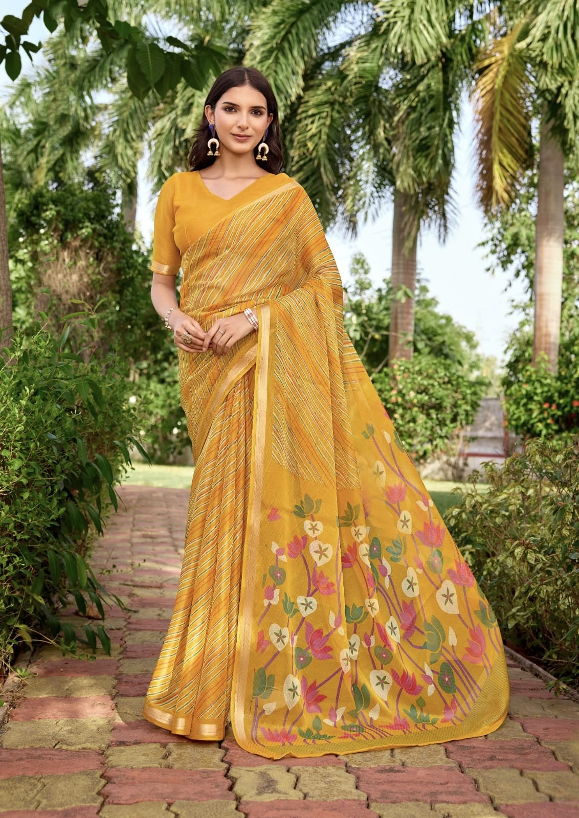 Mustard yellow georgette ready-to-wear saree with floral border and blouse