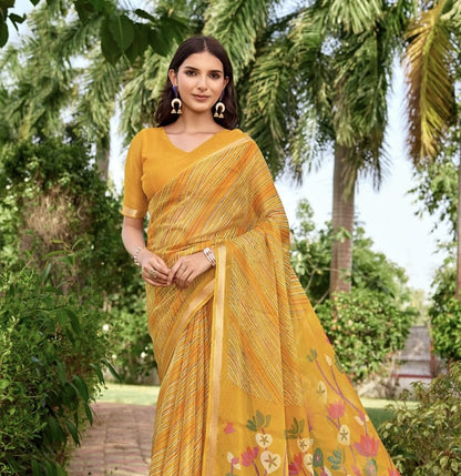 Mustard yellow ready-to-wear saree with floral border and V-neck blouse