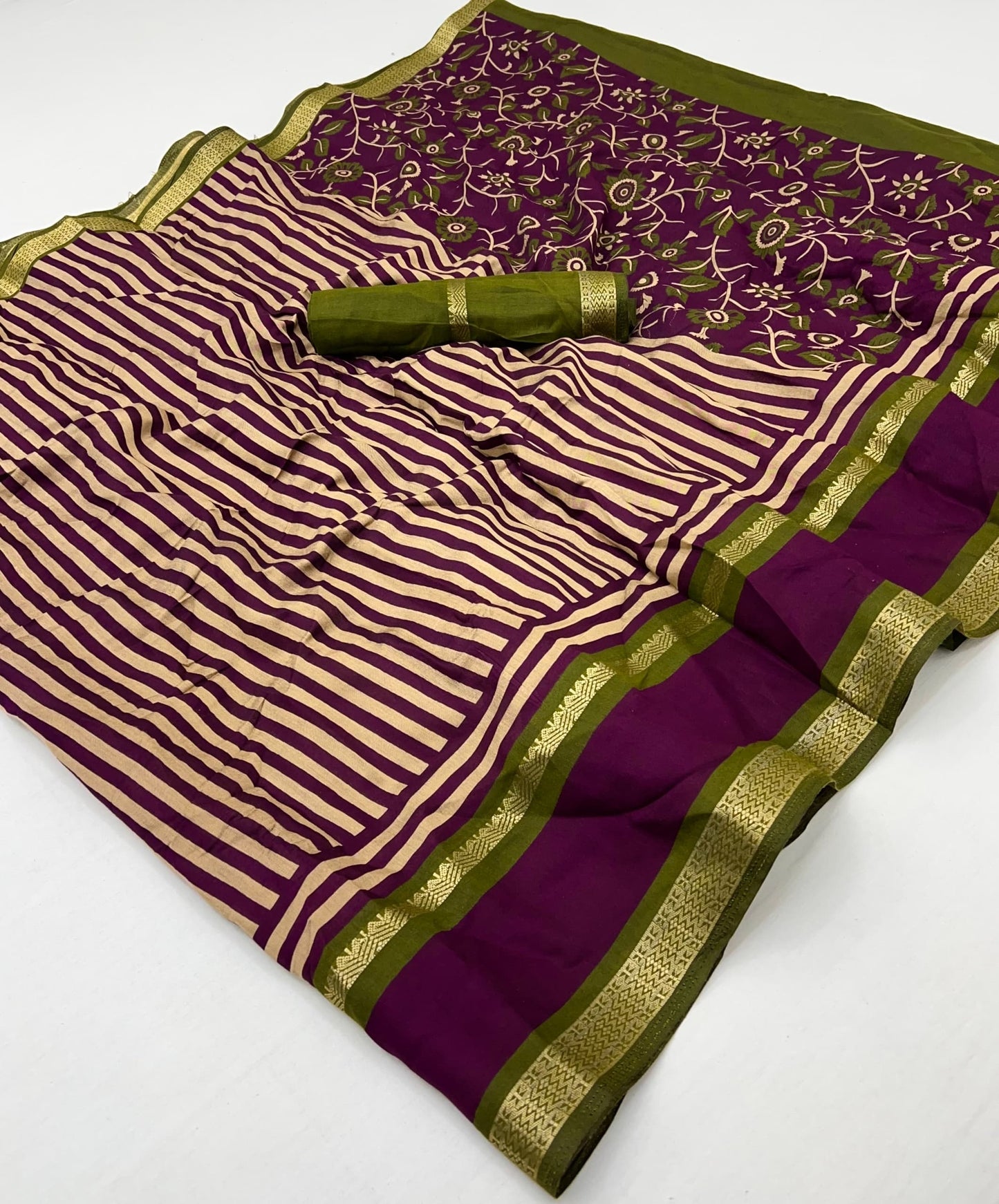 Magenta Striped Mul Cotton Ready To Wear/Easy Saree