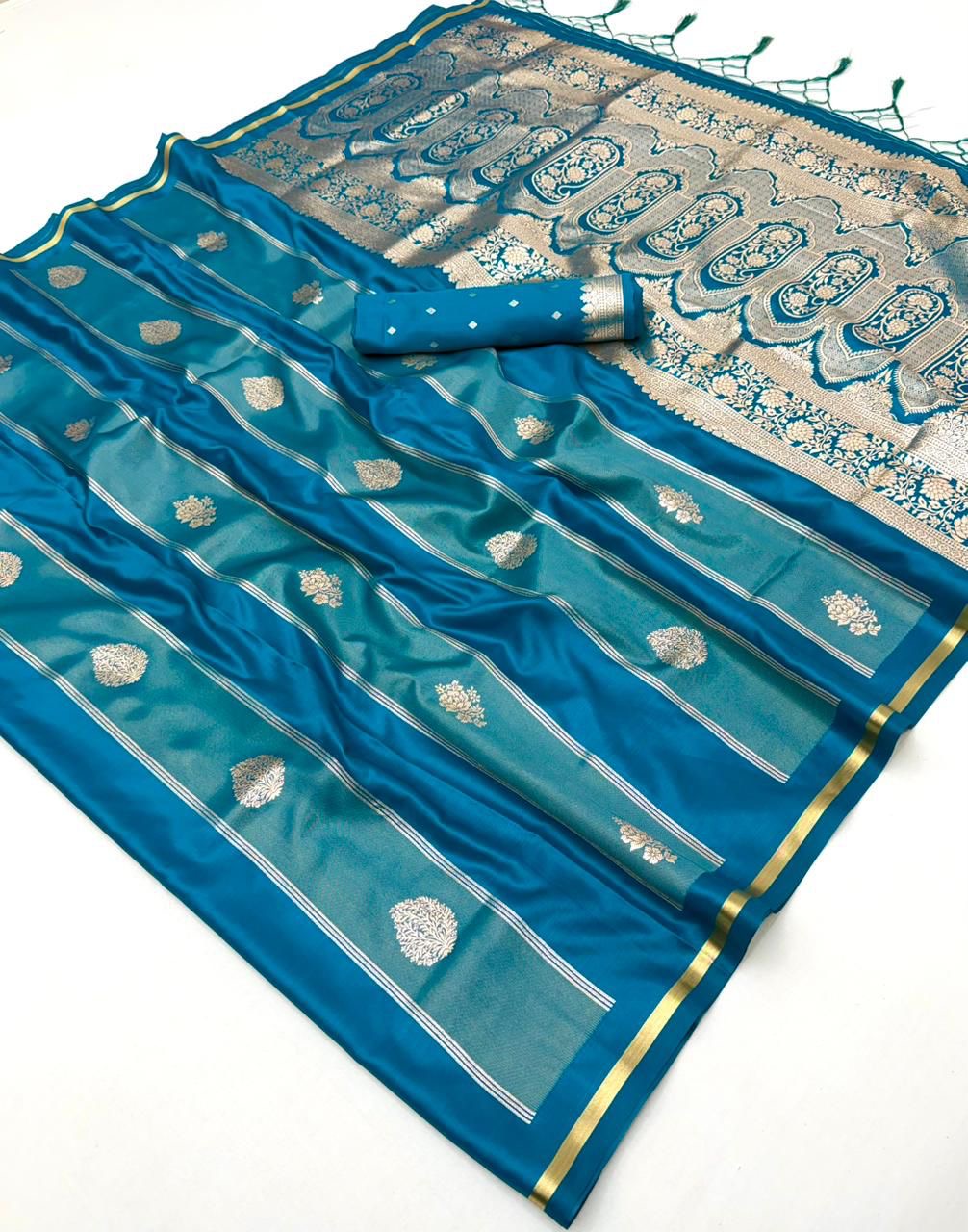 Blue Satin Silk Ready to wear/Easy Saree - Panaash Saree