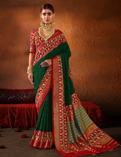 Green Color Chikankari Patola Silk Readymade/Easy Fancy Saree