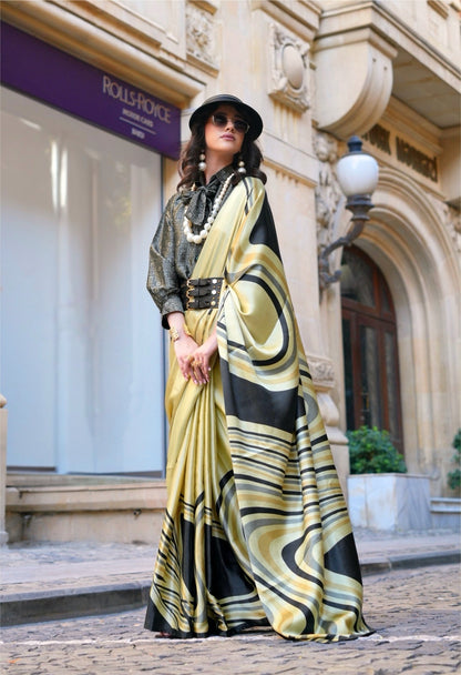 Olive Yellow Crepe Silk Readymade/Easy Saree - Panaash Saree