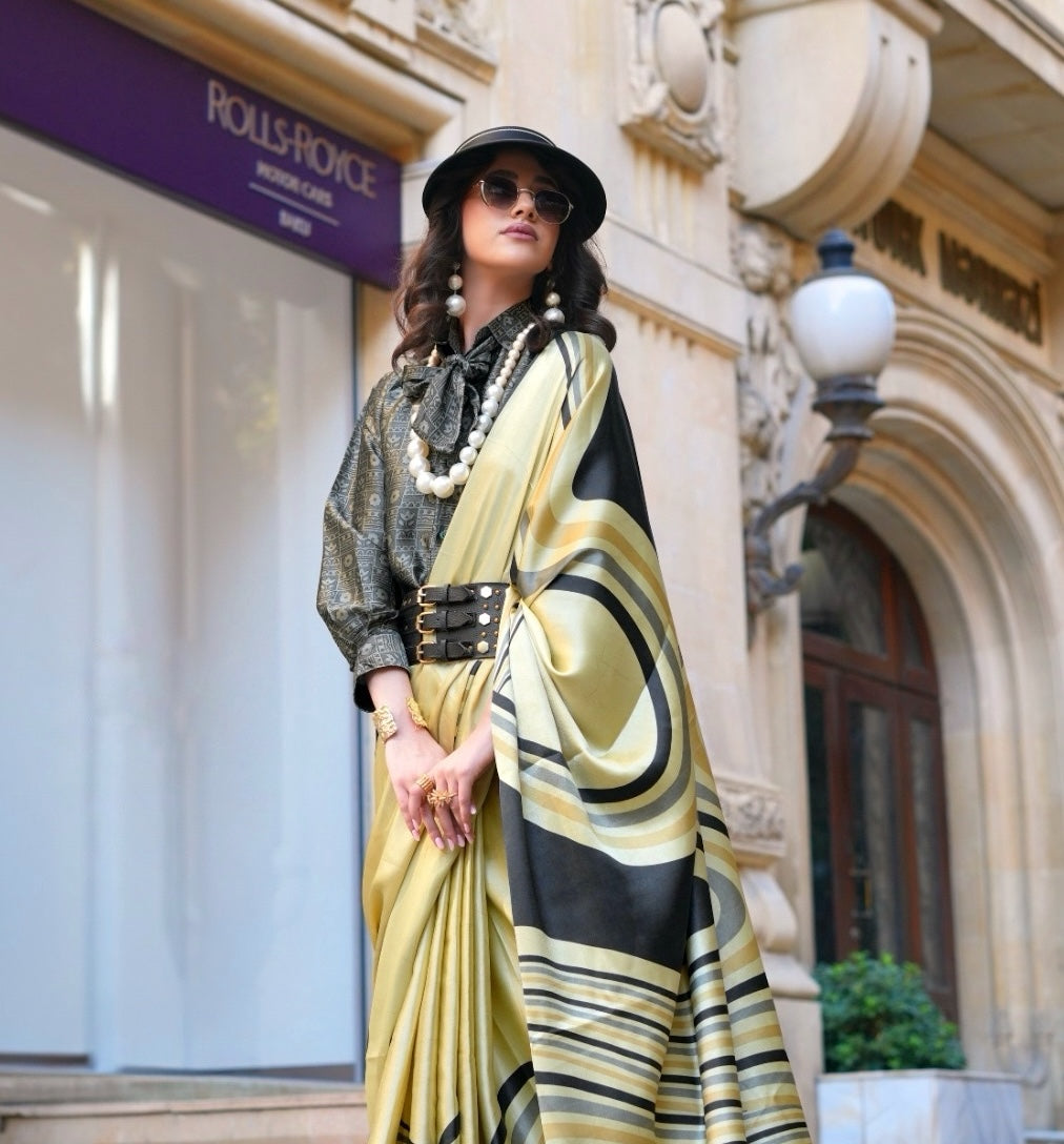 Olive Yellow Crepe Silk Readymade/Easy Saree - Panaash Saree