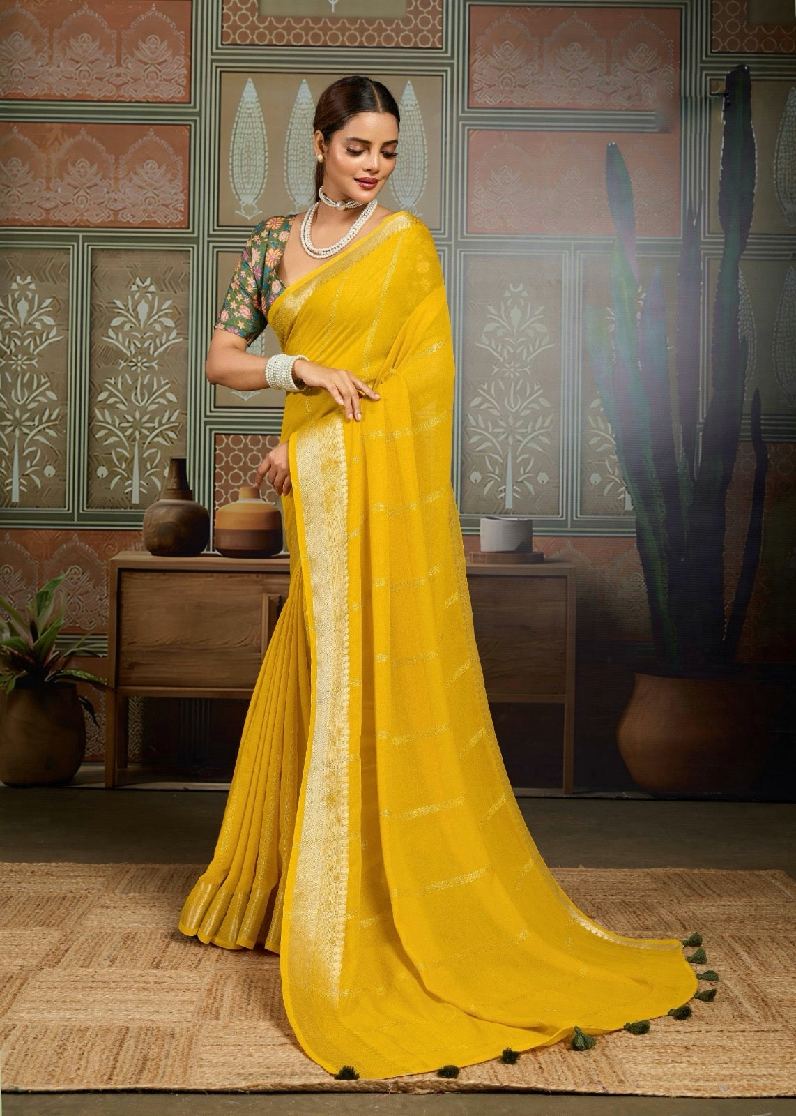 Yellow Georgette Readymade/Easy Saree