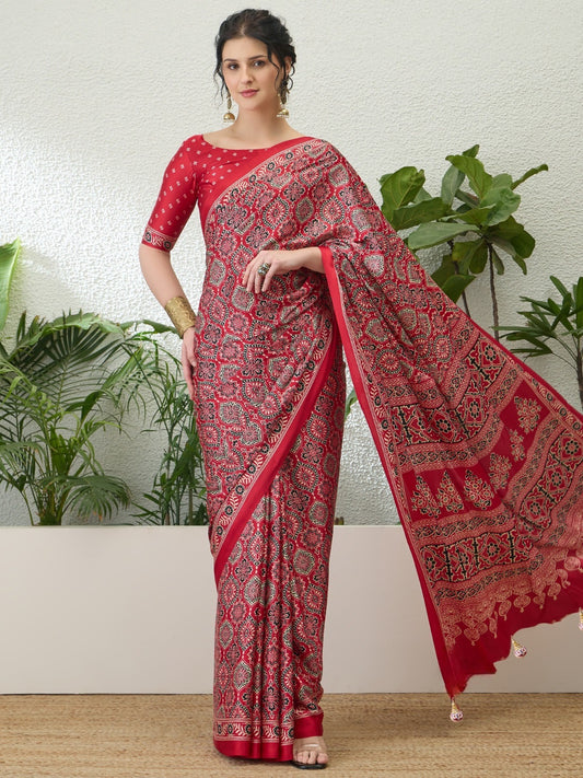 Dark Red Crepe Silk Ready To Wear/Easy Saree - Panaash Saree