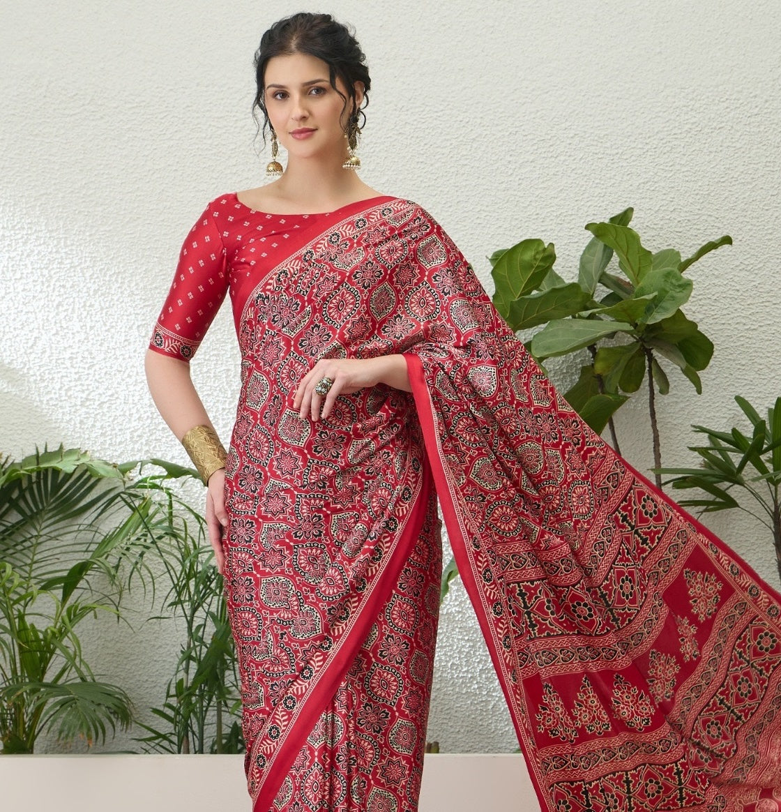 Dark Red Crepe Silk Ready To Wear/Easy Saree - Panaash Saree