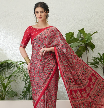 Dark Red Crepe Silk Ready To Wear/Easy Saree - Panaash Saree