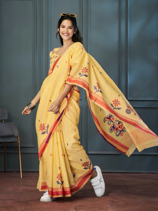 Yellow Color Resham Woven Cotton Office Wear Easy/Readymade Saree