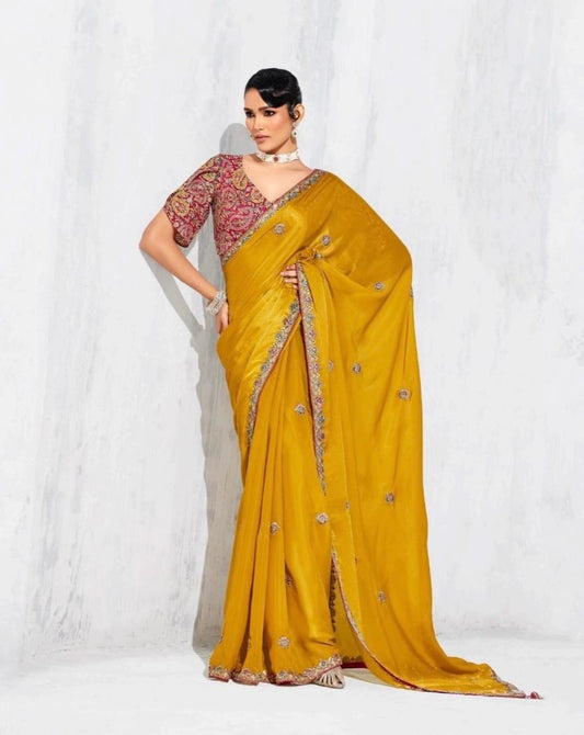 Yellow Tissue Silk Readymade/Easy Saree