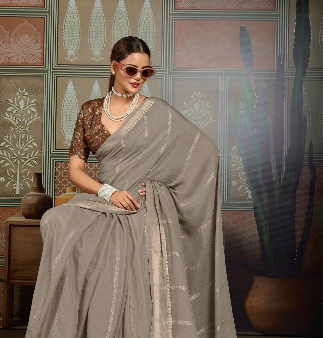 Grey Georgette Readymade/Easy Saree