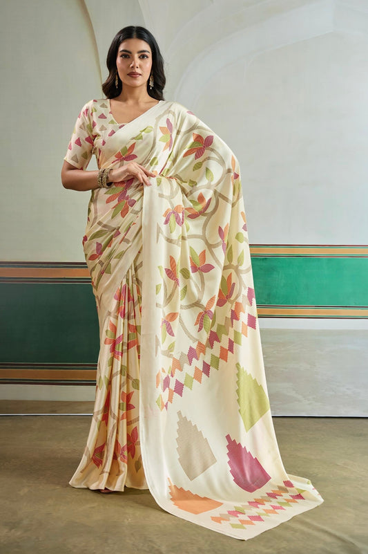Off-White Crepe Silk Readymade/Easy Saree