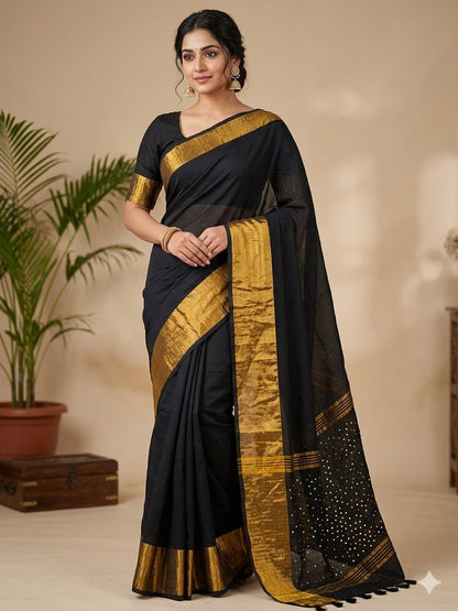 Black Mul Cotton Ready To Wear/Easy Saree - Panaash Saree