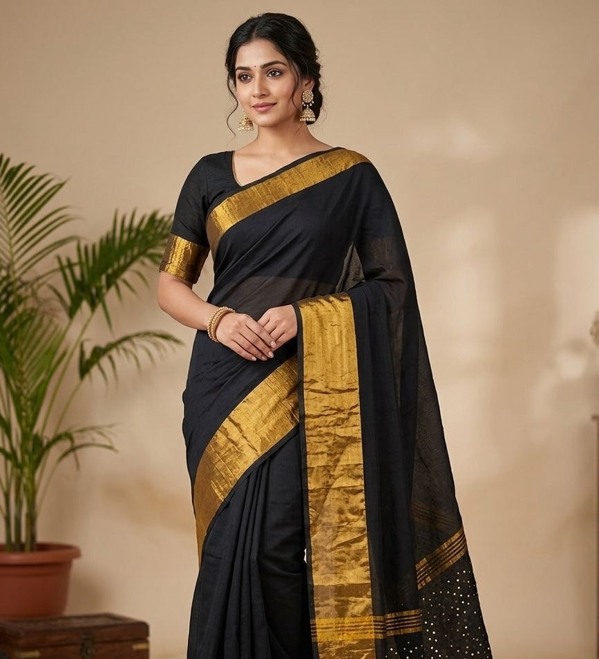 Black Mul Cotton Ready To Wear/Easy Saree - Panaash Saree
