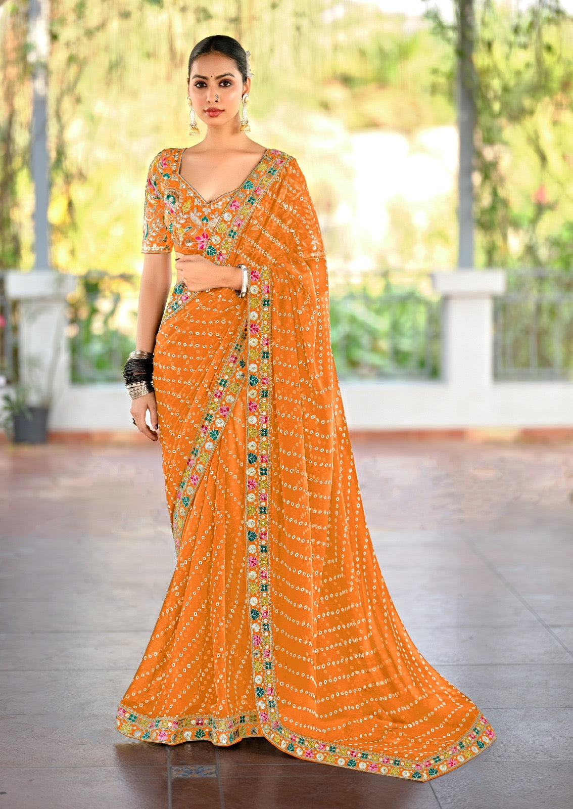 Orange Georgette Readymade/Easy Saree