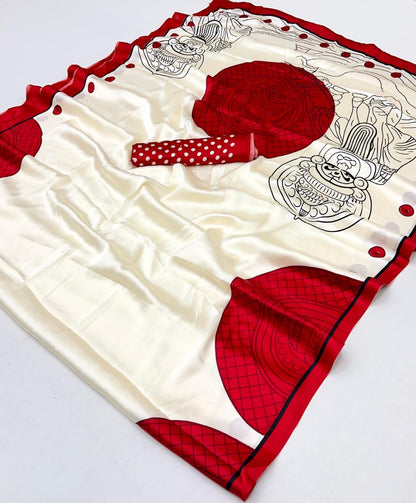 Red and White Crepe Silk Readymade/Easy Saree