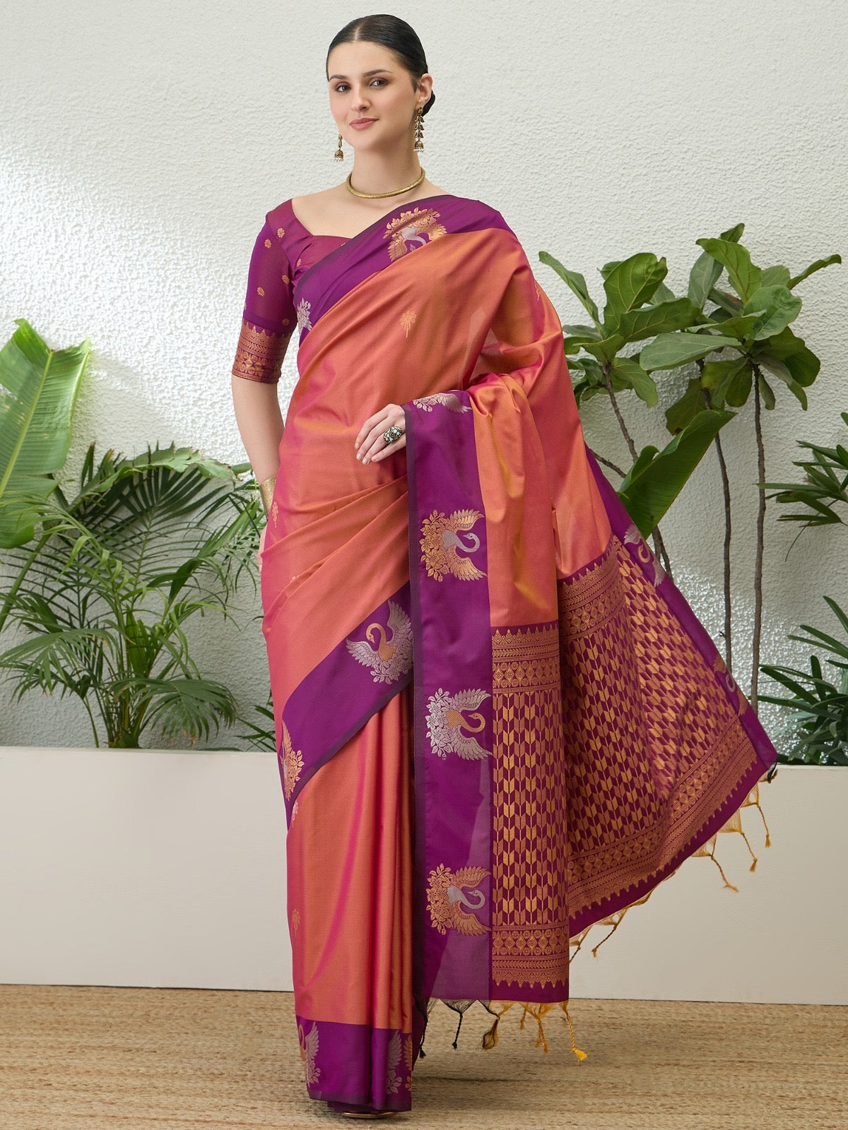 Coral Orange Readymade/Easy Kanjivaram Saree - Panaash Saree