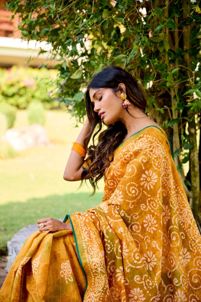 Mustard Batik Print Mul Cotton Easy/Readymade Saree