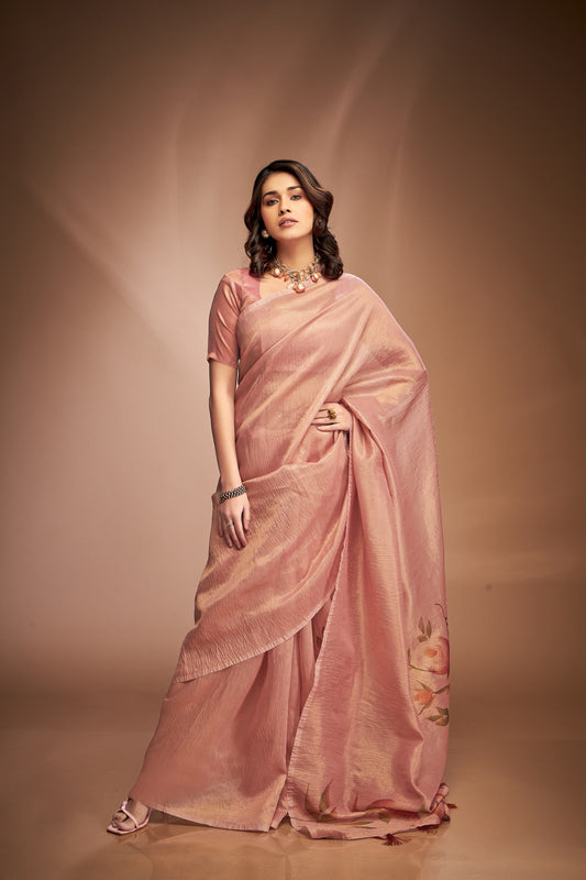 Floral Peach Crushed Tissue Silk Readymade/Easy Fancy Saree