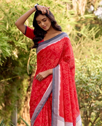 Red Linen Cotton Casual Readymade/Easy Saree