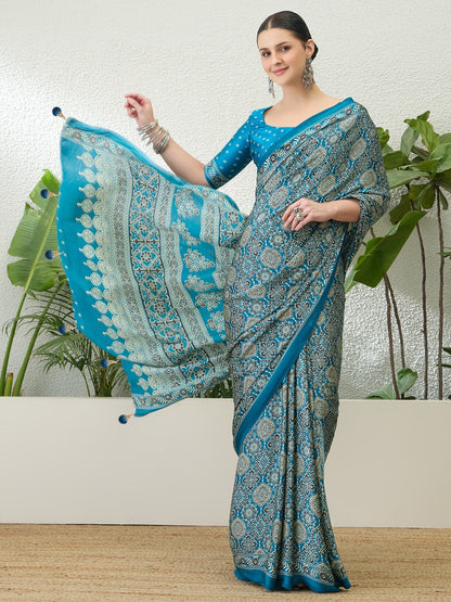 Royal Blue Crepe Silk Ready To Wear/Easy Saree - Panaash Saree