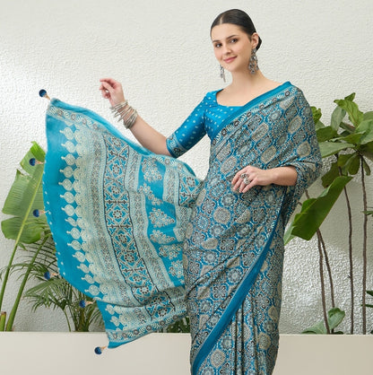 Royal Blue Crepe Silk Ready To Wear/Easy Saree - Panaash Saree