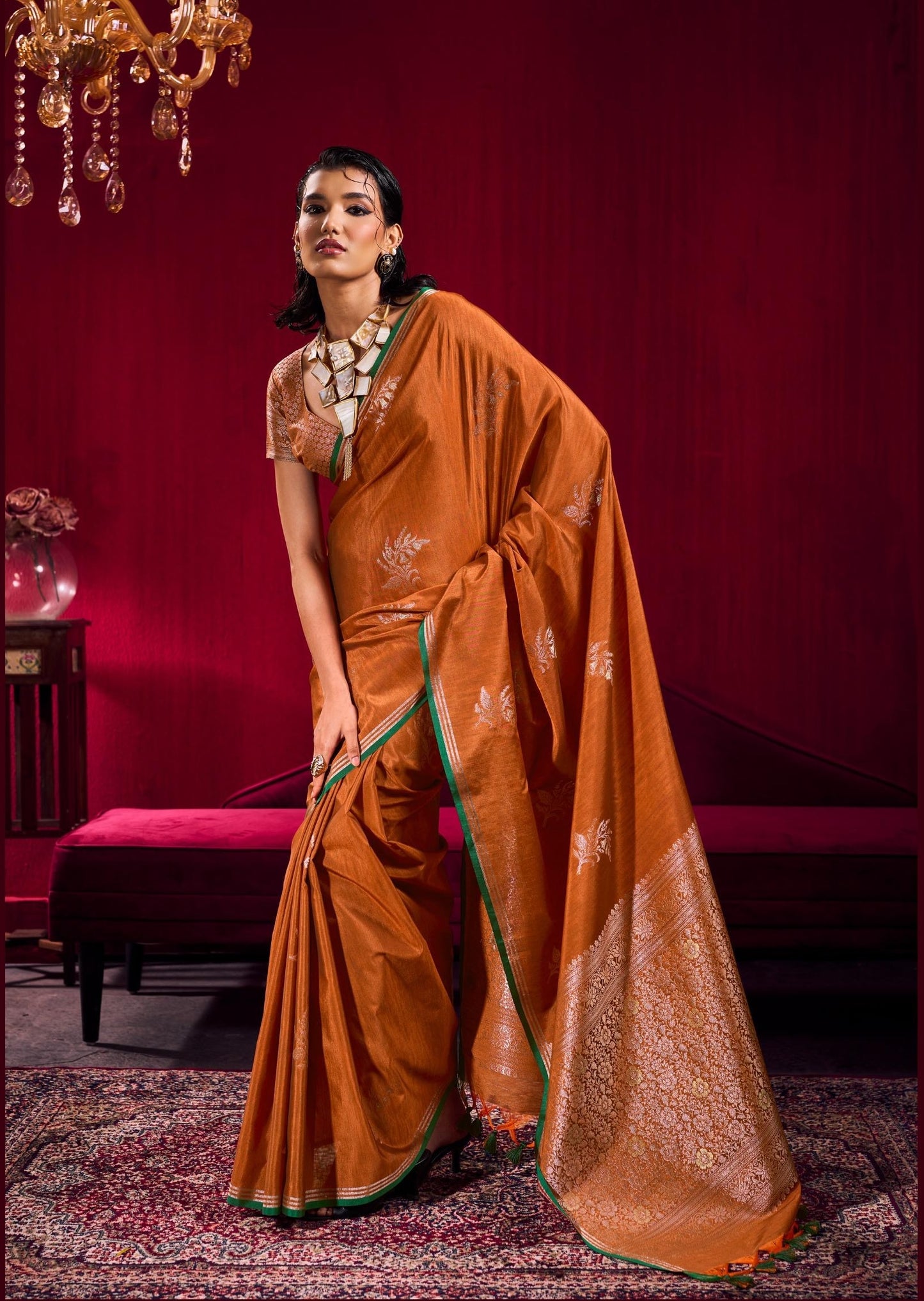 Burnt Orange Linen Silk Ready To Wear/Easy Saree - Panaash Saree