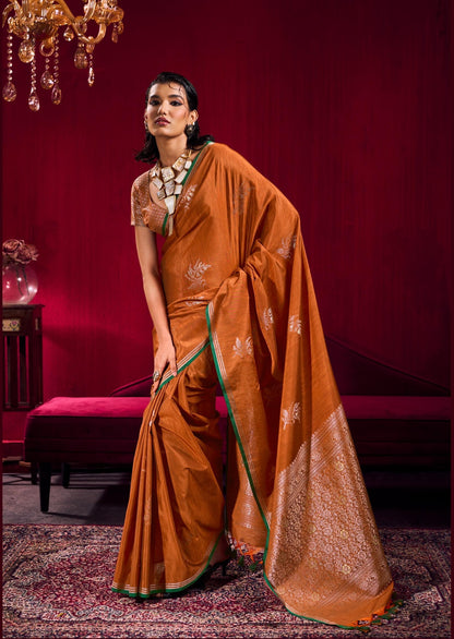 Burnt Orange Linen Silk Ready To Wear/Easy Saree - Panaash Saree