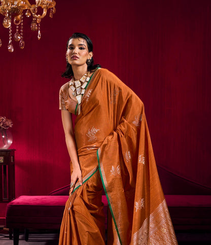 Burnt Orange Linen Silk Ready To Wear/Easy Saree - Panaash Saree