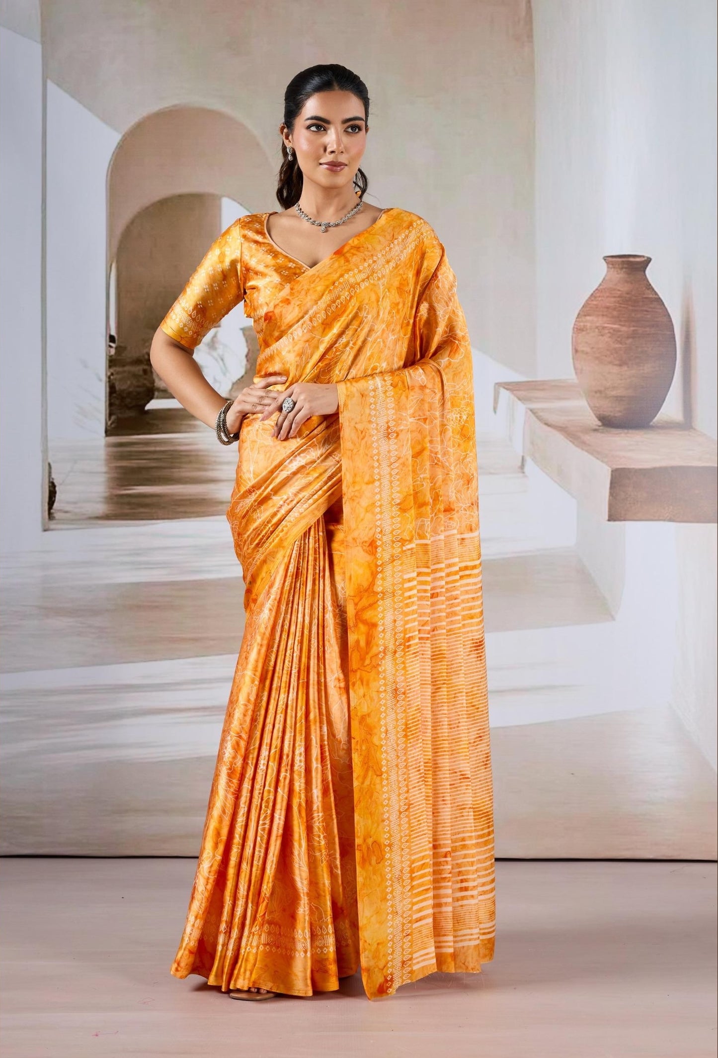 Mustard Yellow Crepe Silk Ready To Wear/Easy Saree