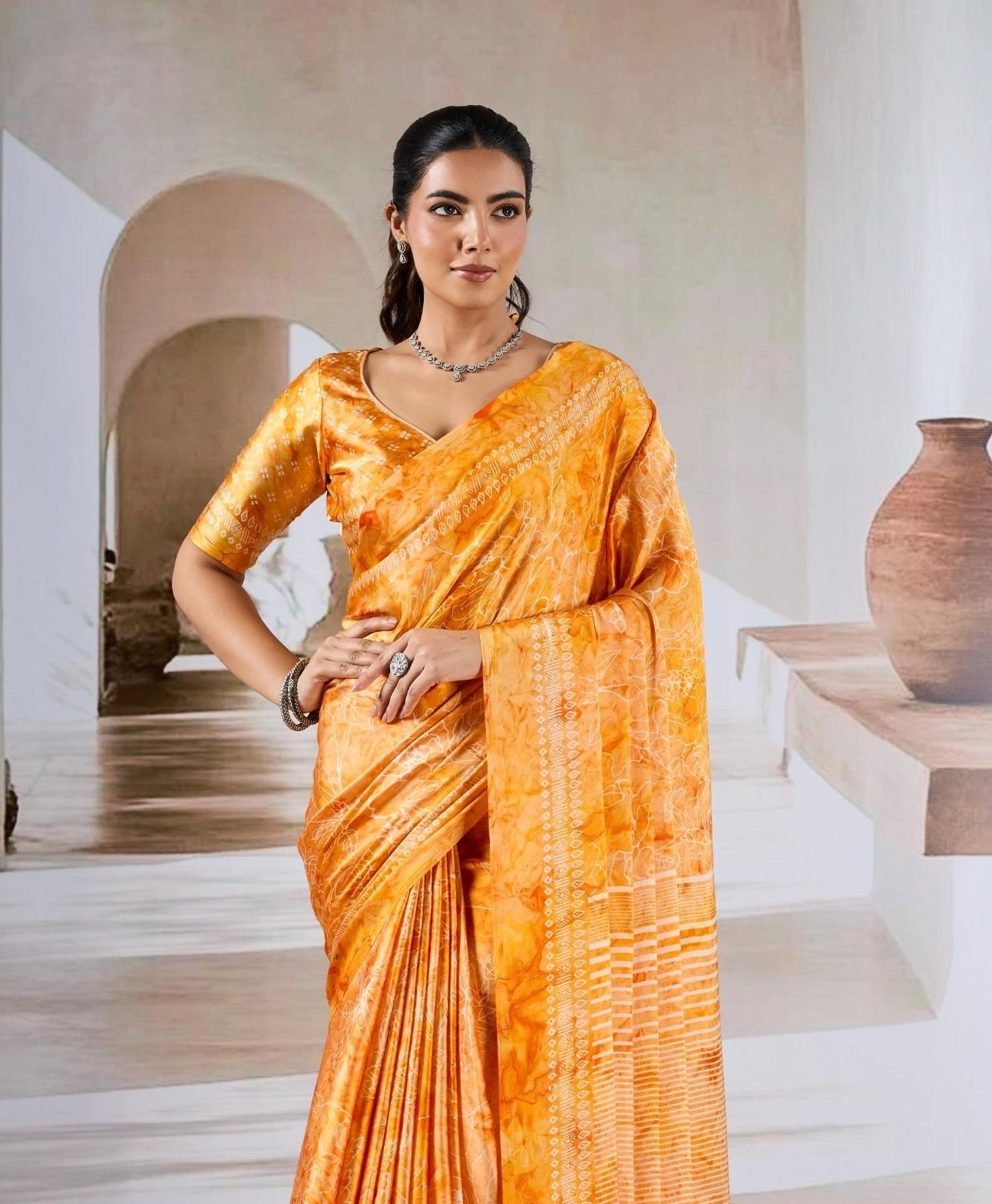 Mustard Yellow Crepe Silk Ready To Wear/Easy Saree