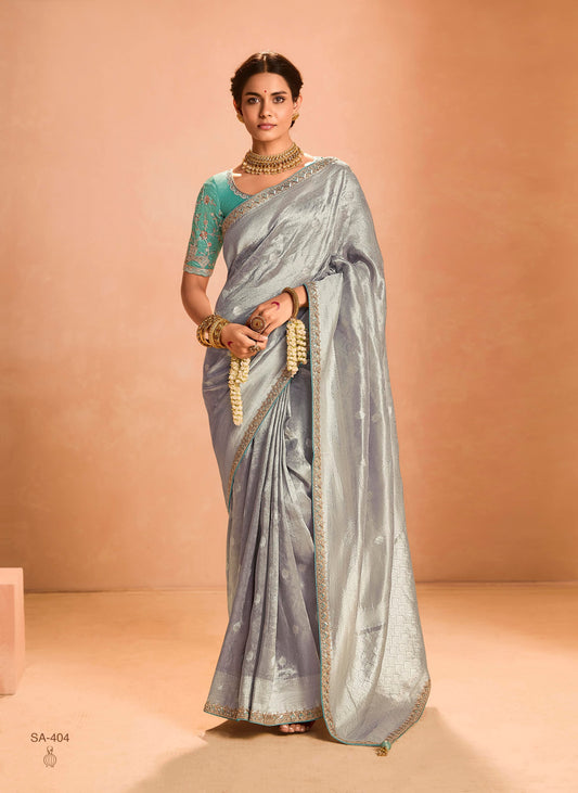 Grey Color Designer Kanjivaram Silk Readymade/Easy Saree With Desiger Blouse Piece