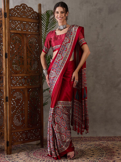 Red Crepe Silk Office wear Readymade/Easy Saree