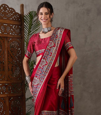 Red Crepe Silk Office wear Readymade/Easy Saree