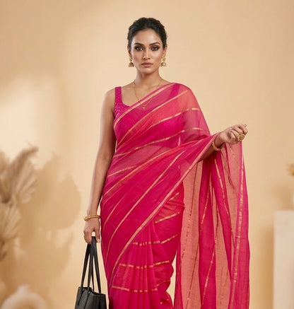 Bright Pink Mul Cotton Ready To Wear/Easy Saree - Panaash Saree