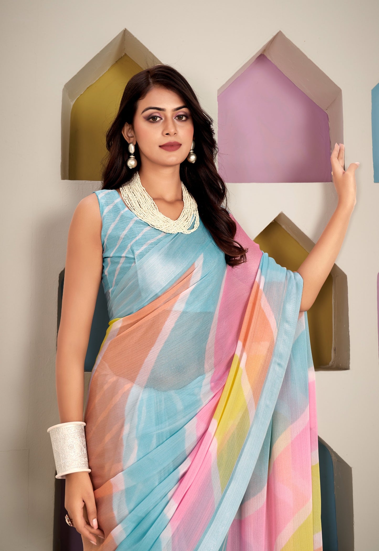 Multi Color Georgette Readymade/Easy Saree